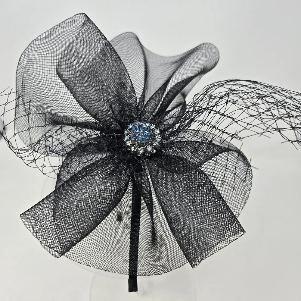 VINTAGE HANDMADE FASCINATOR HEADBAND BLACK TULLE BLUE RHINESTONE BROOCH DIY